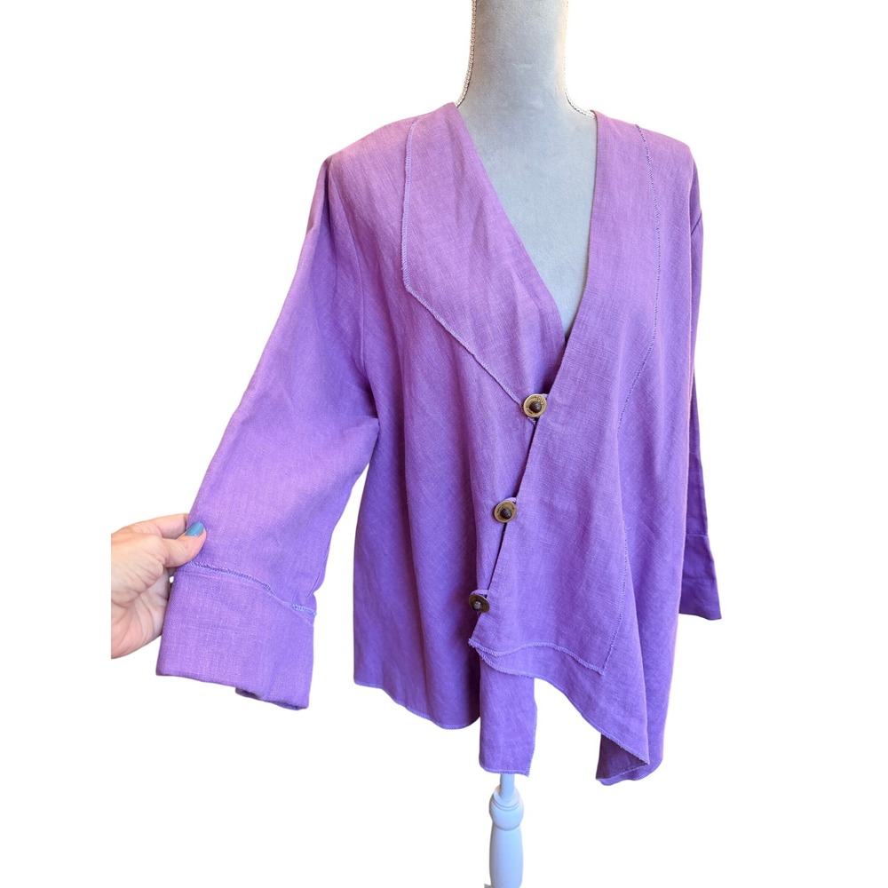 Peacock Ways Purple 100% Linen Asymmetrical Cardigan Jacket OS/XL Lagenlook